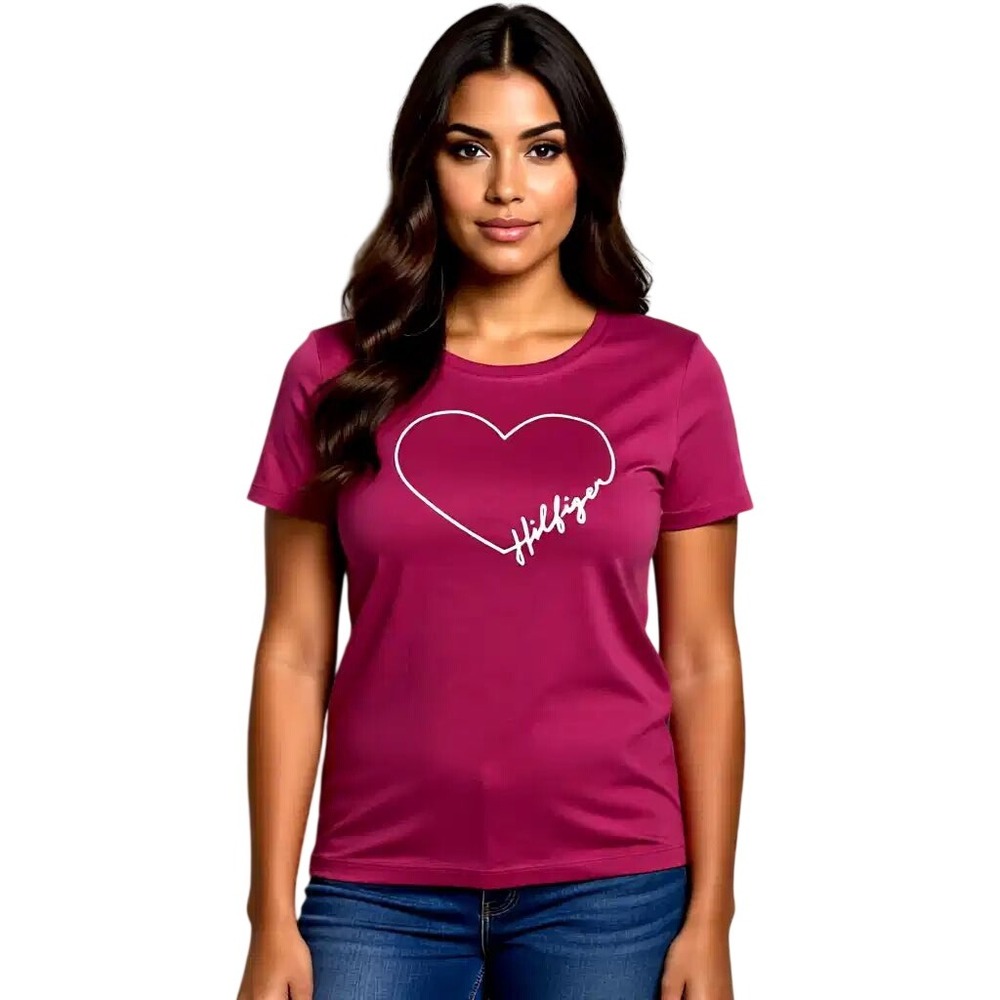 Tommy Hilfiger Womens Heart Graphic T-Shirt Pink Short Sleeve Crew Neck S NWT